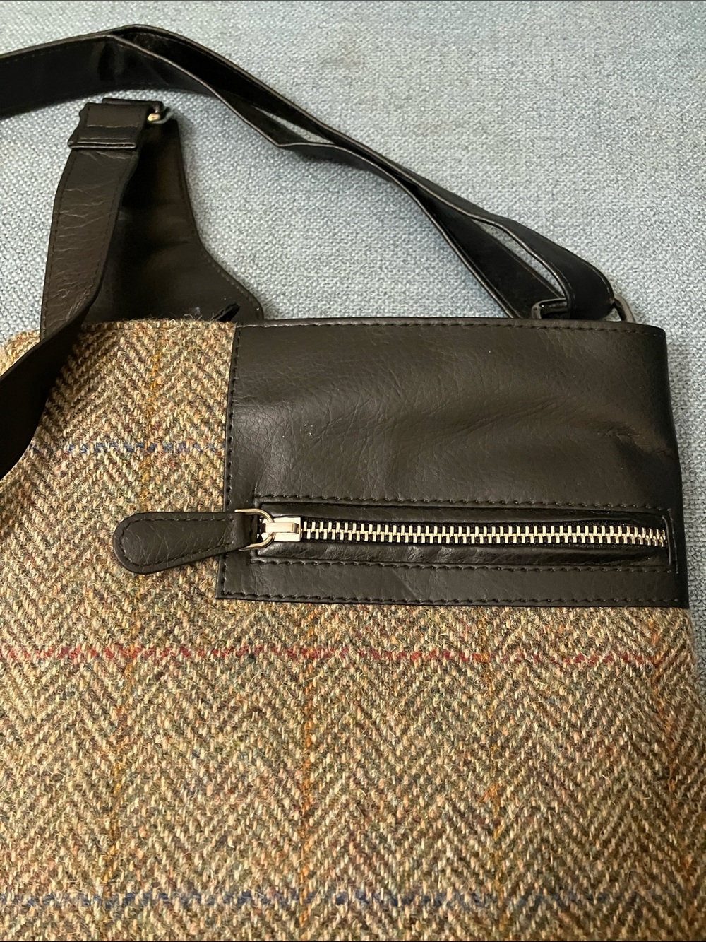 Herringbone Tweed Crossbody Bag with Black Leather Trim - Brown/Black - Picture 3 of 12